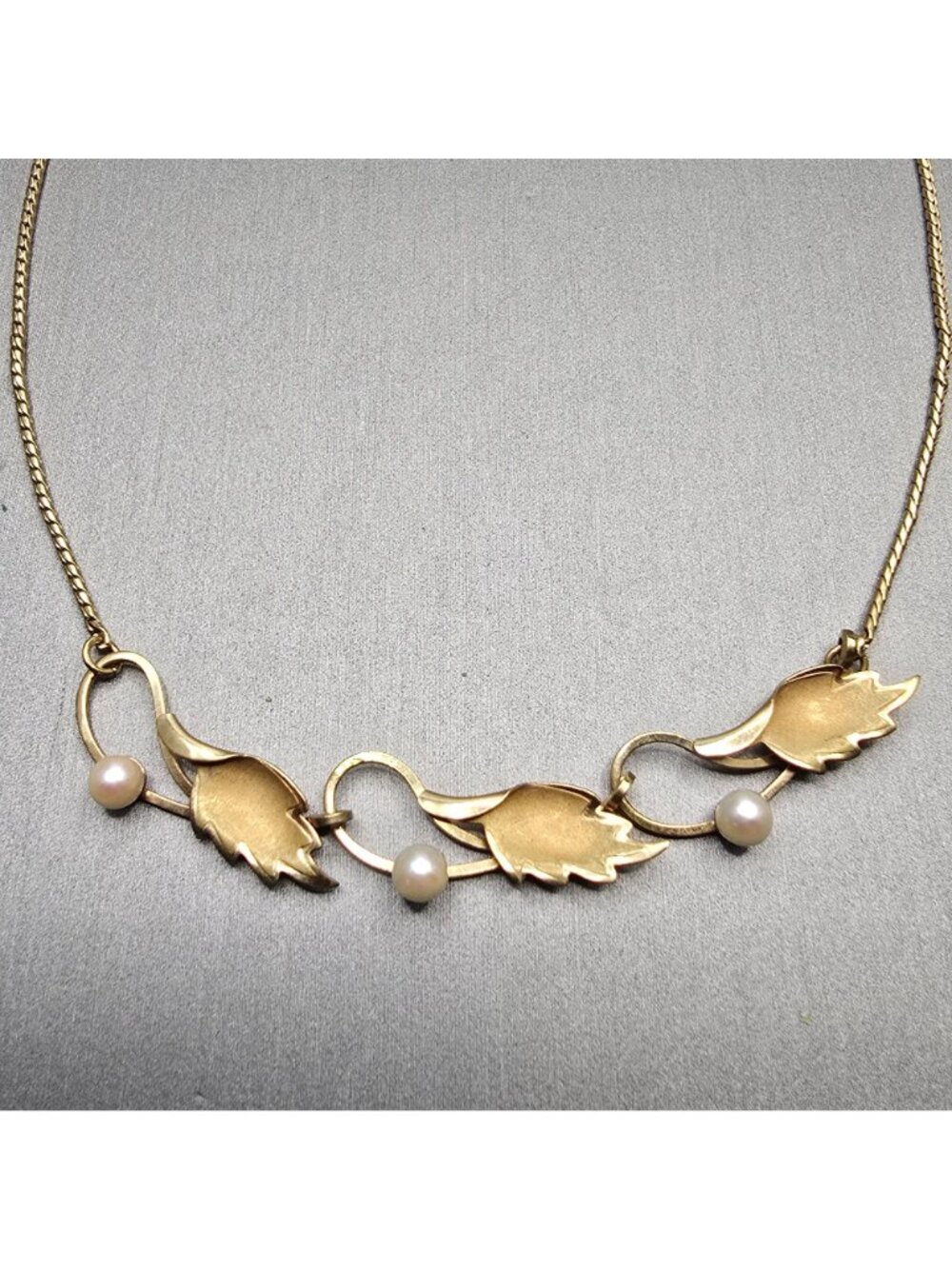 Vintage De Curtis DCE 14K Gold Filled Pearl Leaf Choker Necklace 14" Mid Century - Picture 4 of 16